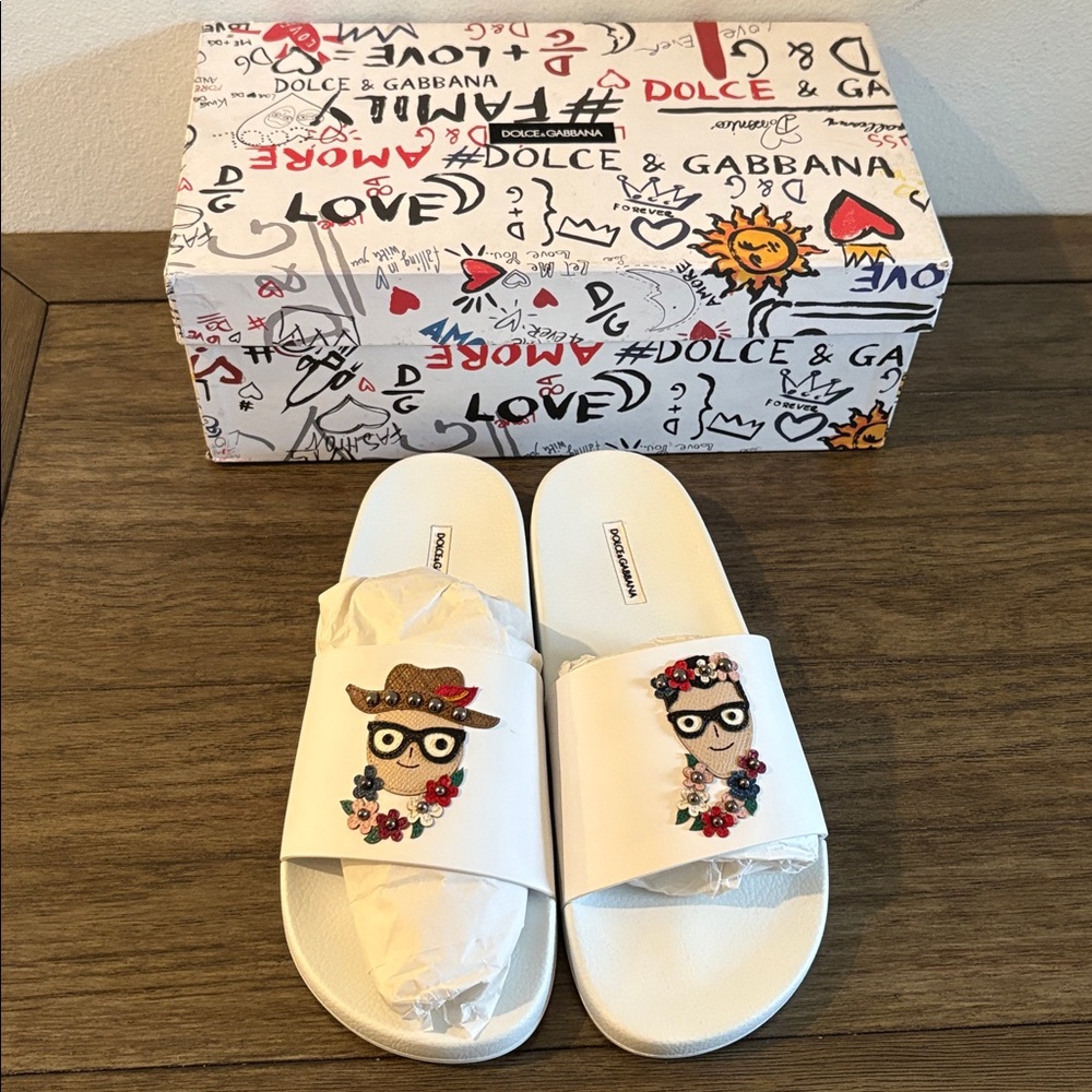 NIB [Dolce & Gabanna] Patches of the Designers Rubber/Calfskin Slides Mens US 10 - Picture 2 of 14